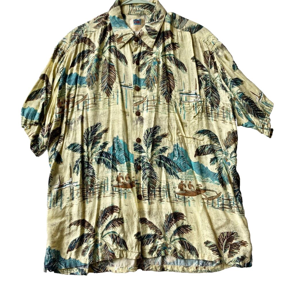 Vtg Avi by Kahala Hawaiian Mens Shirt Size XL Outrigger Boats Palm Trees Yellow